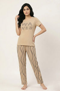 Zivame Wavy Stripes Knit Cotton Pyjama Set - Warm Sand — thumbnail 5